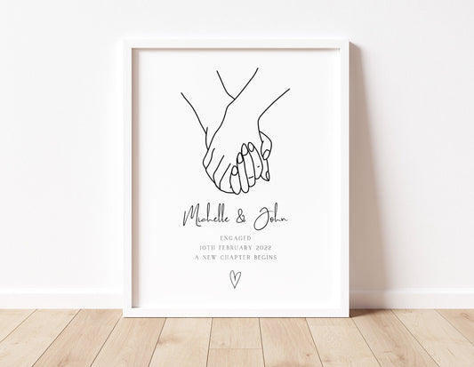 Personalised Engagement Print | Engagement Gift | Couples Gift | Happy Engagement | Congratulations | Present | Holding Hands | Line Drawing